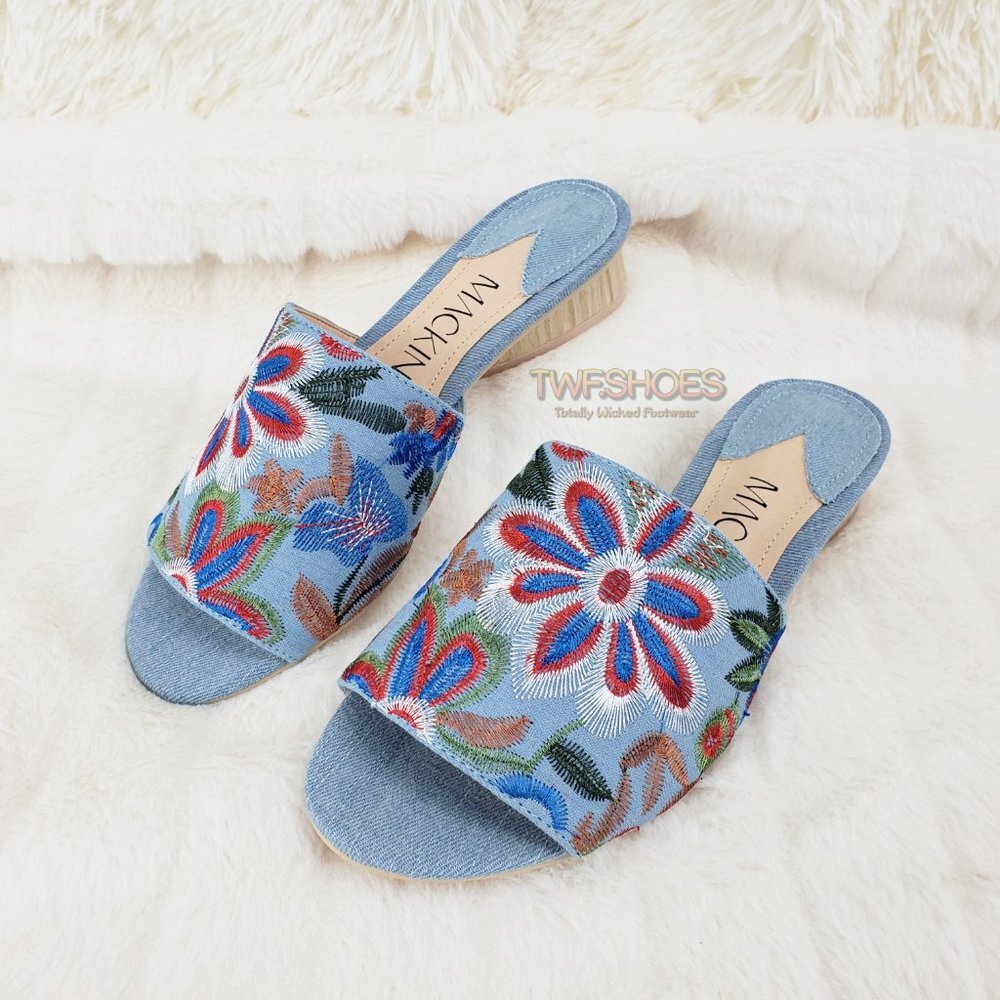 Flower Power Embroidered Denim slip on mule clogs Wood Wrap Heels 70's - Picture 4 of 10